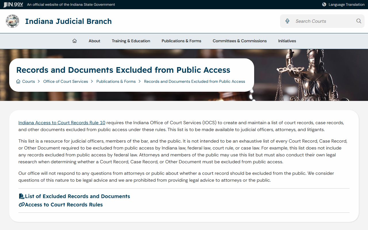 Hendricks County court records excluded records page under Access to Court Records Rule 10