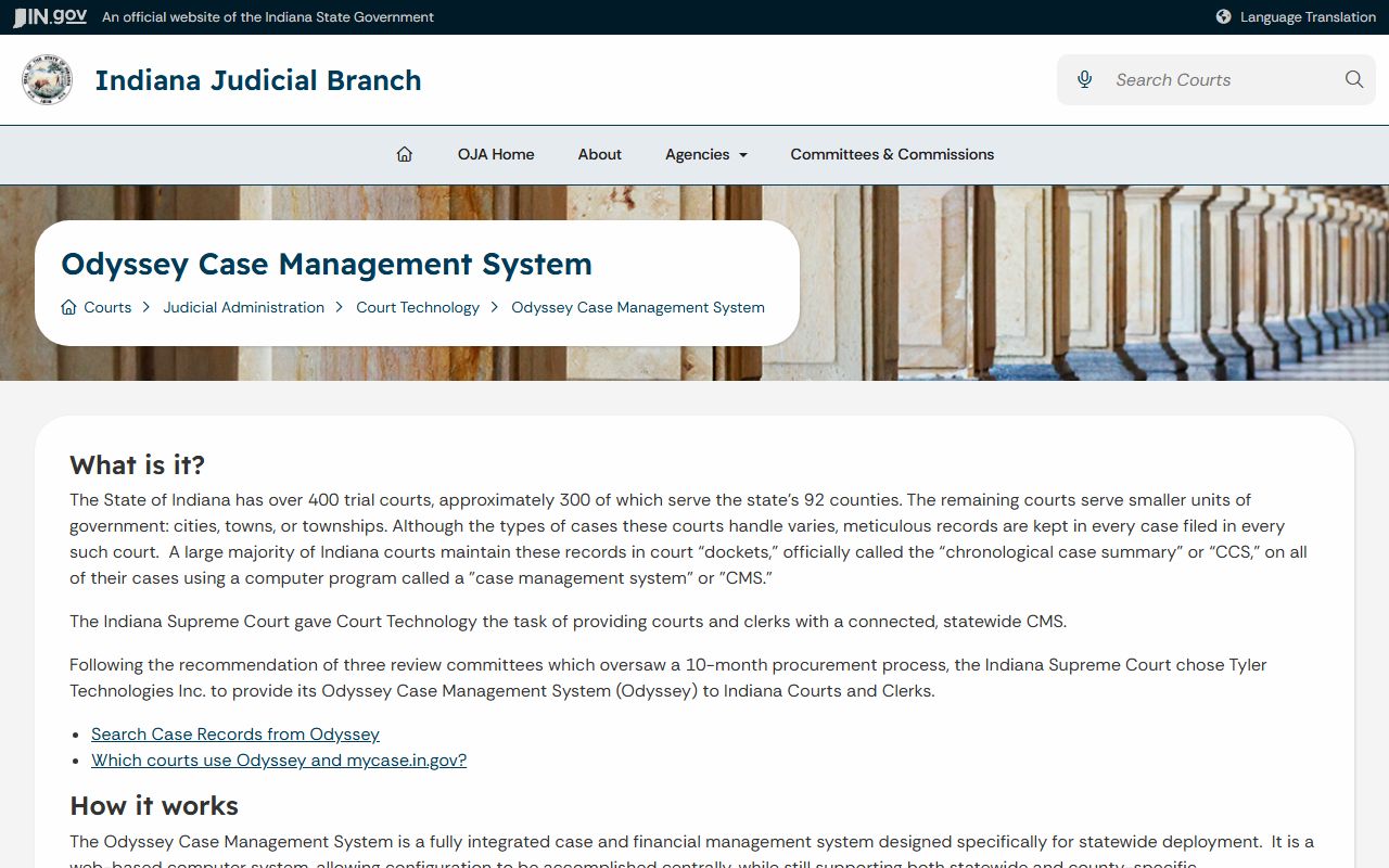 Hendricks County court records Odyssey case management system information page