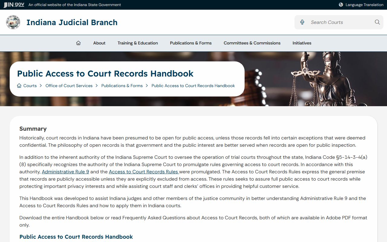 Hendricks County court records public access handbook page