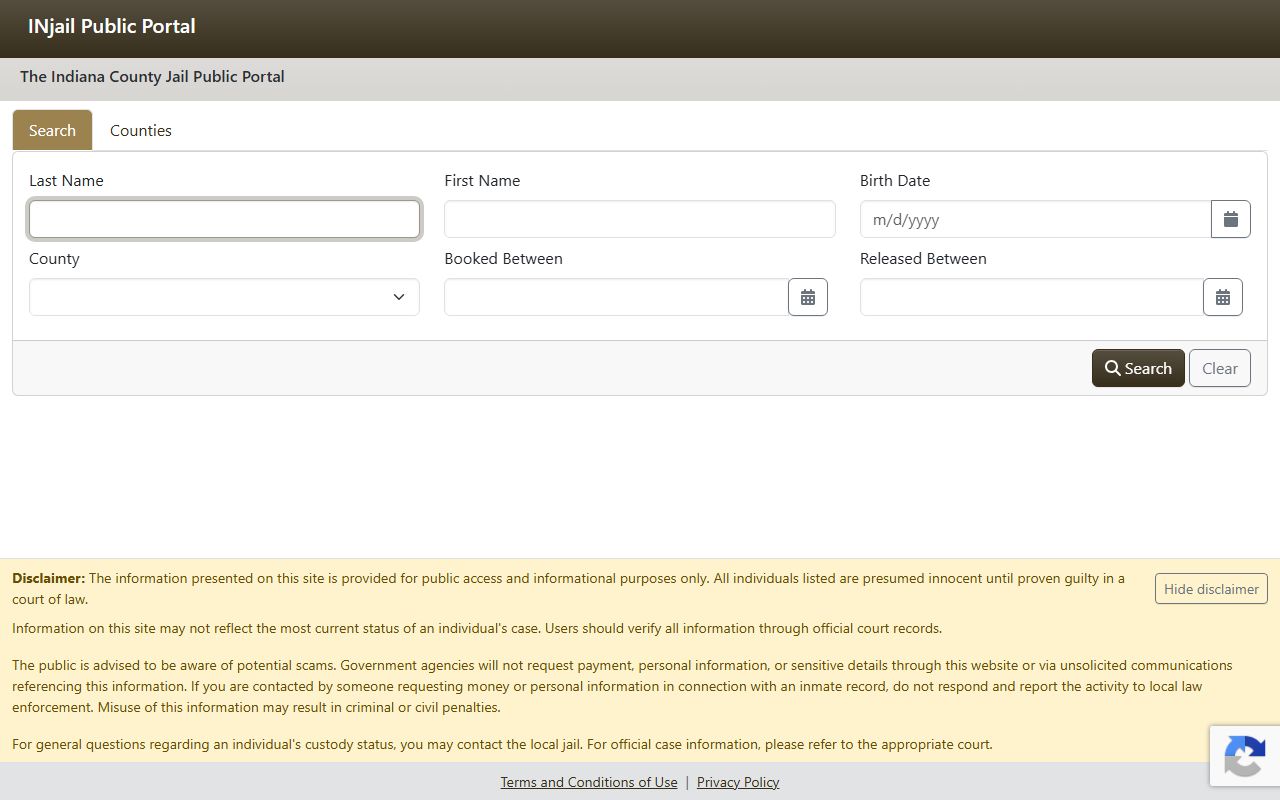 Hendricks County inmate search on the INjail public portal