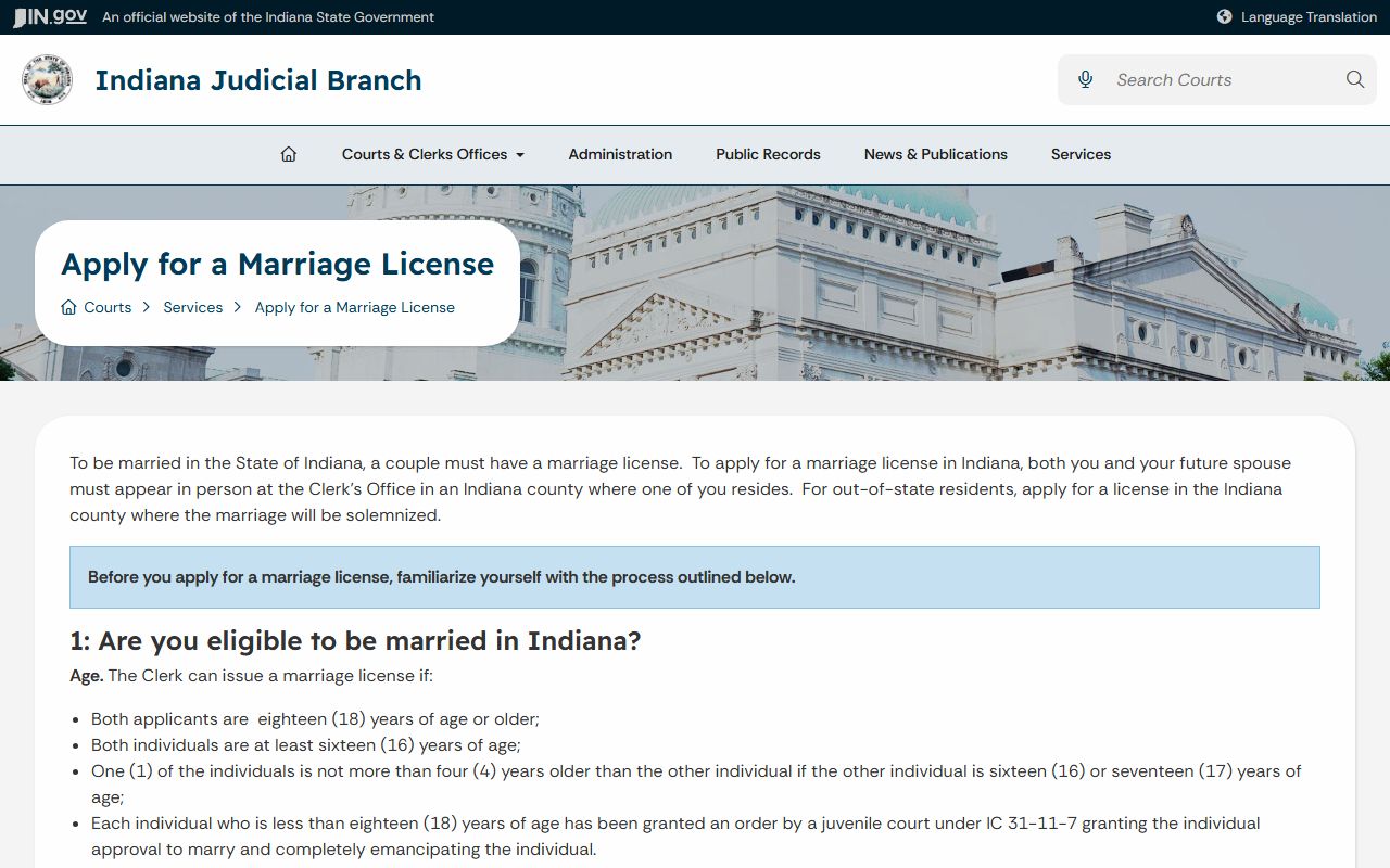 Hendricks County marriage records application instructions from Indiana courts