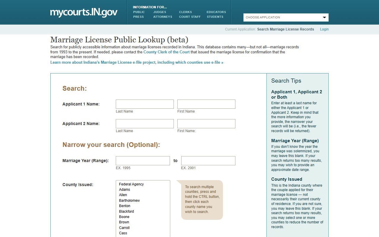 Hendricks County marriage records lookup through Indiana Marriage License Public Lookup