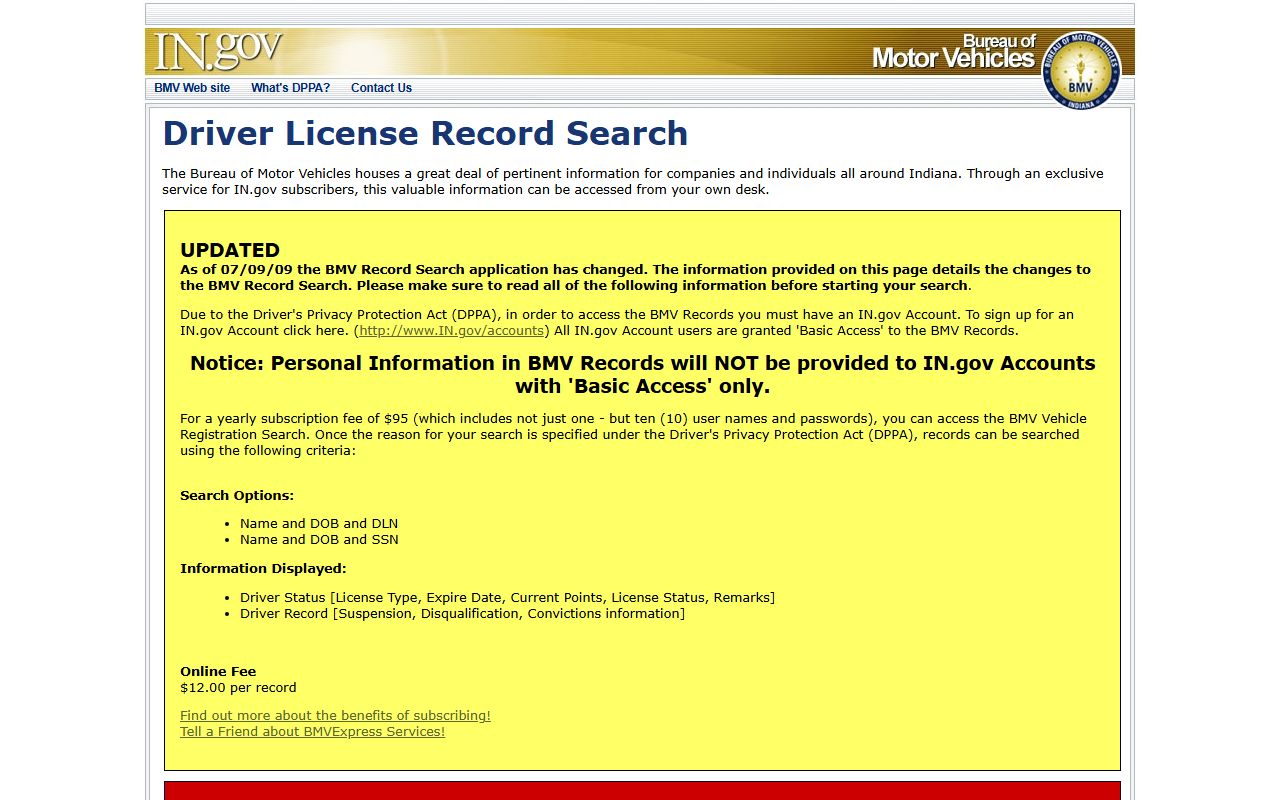 Hendricks County traffic records and Indiana BMV subscriber driver search